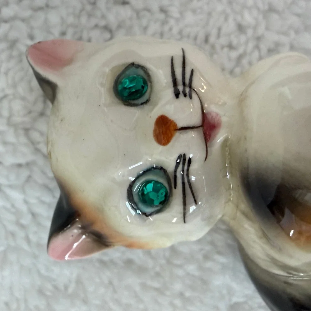 Vintage Ceramic Kitten Japan Cat Green Gem Eyes 3